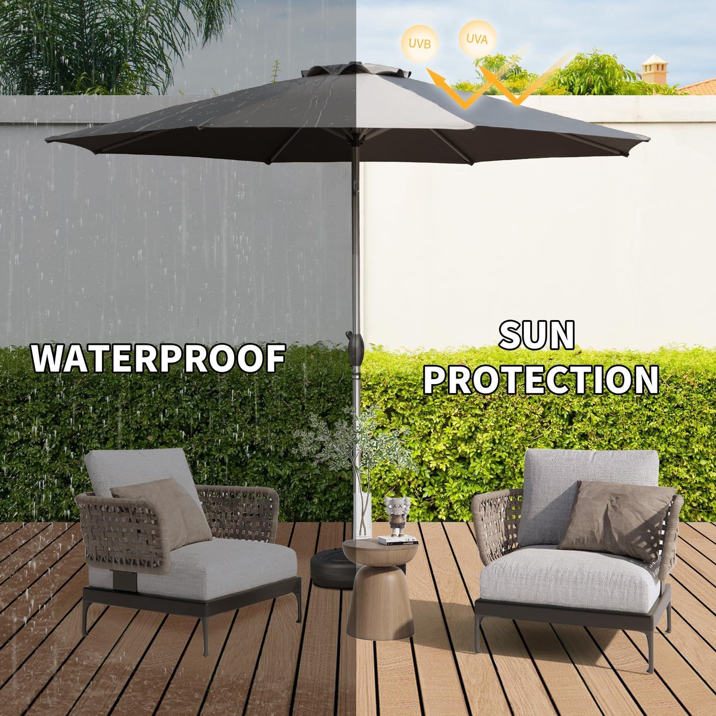 10FT Patio Umbrella, Outdoor Table Umbrella with Push Button Tilt and Crank, UV Protection Waterproof Market Sun Umbrella with 8 Sturdy Ribs for Garden, Deck, Backyard, Pool (Gray)