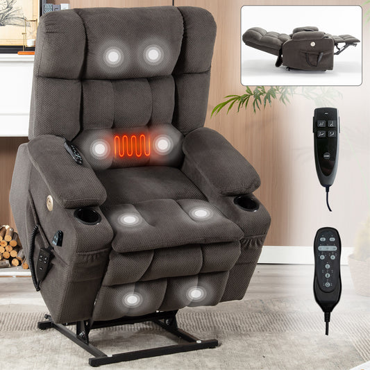 Brown Dual Motor Infinite Position Up to 350 LBS Chenille Power Lift Recliner Chair, Heavy Duty Motion Mechanism with 8-Point Vibration Massage and Lumbar Heating, Dual Cup Holders