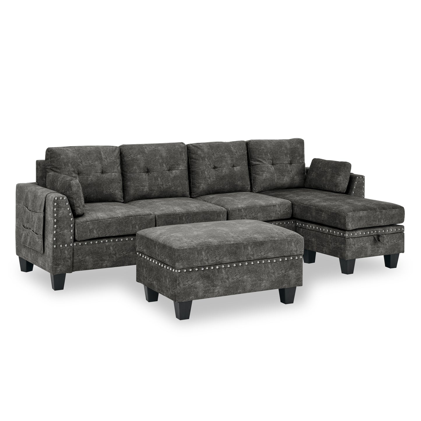 Sectional 3-Seaters Sofa ,Double-sided multi-functional footstool, storage mat , Non-slip leg, two pillows, Velvet, Dark grey