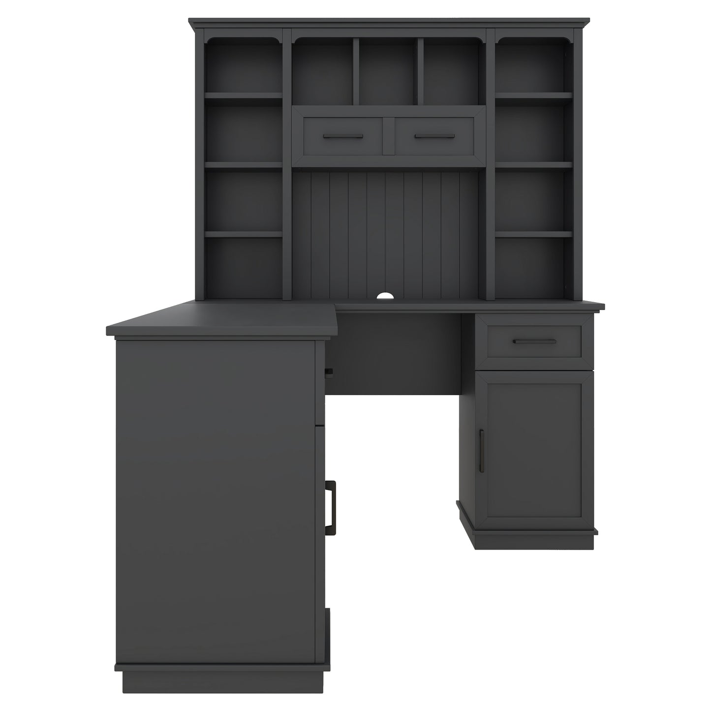 L-shaped computer desk with 2 cabinets and 2 drawers underneath the table, 11 open shelves and a flip-up shelf with storage on the right side, suitable for study, living room and office, Black