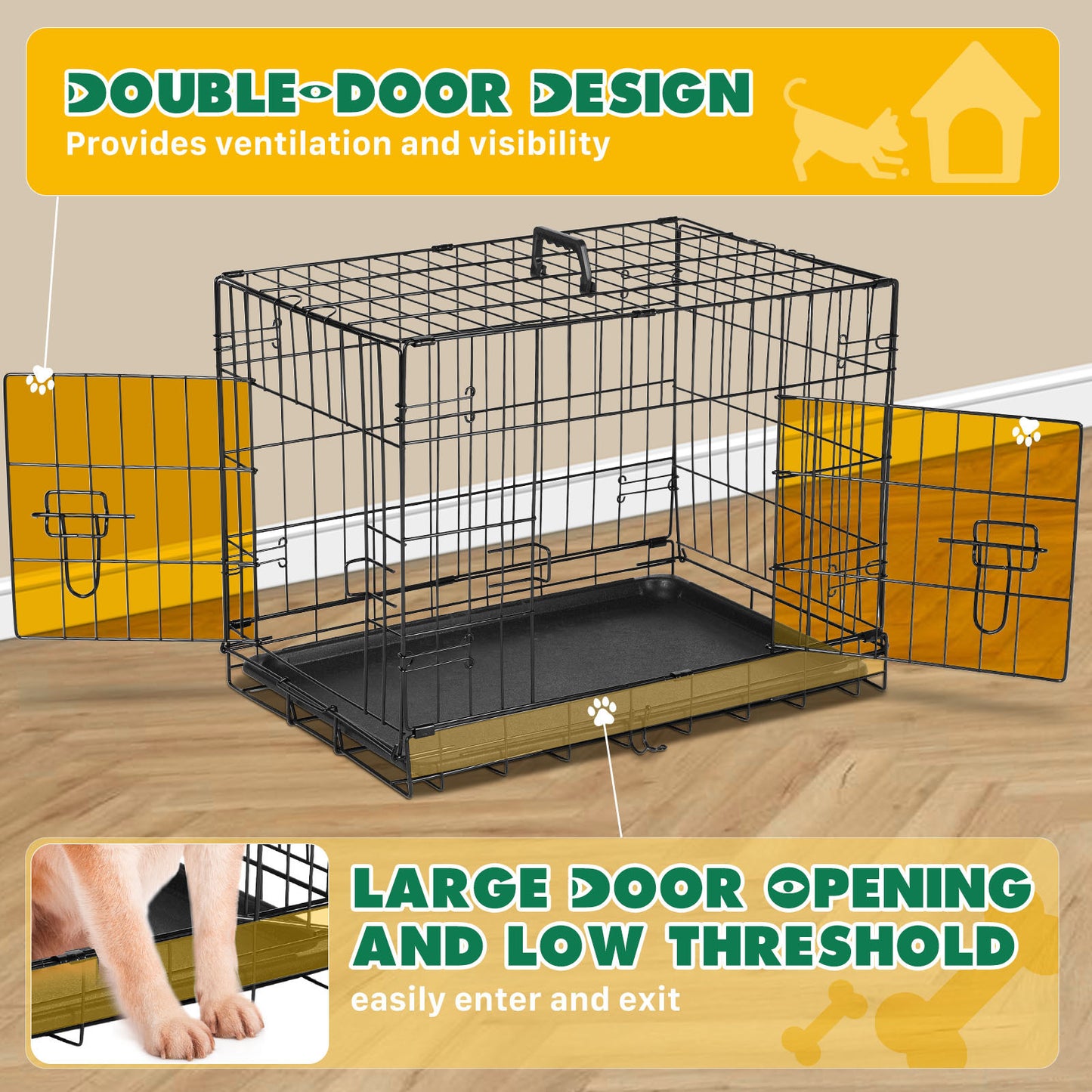 Dog Crate with Divider Panel,24 Inch Double Door Folding Metal Wire Dog Cage with Plastic Leak-Proof Pan Tray, Pet Kennel for Indoor