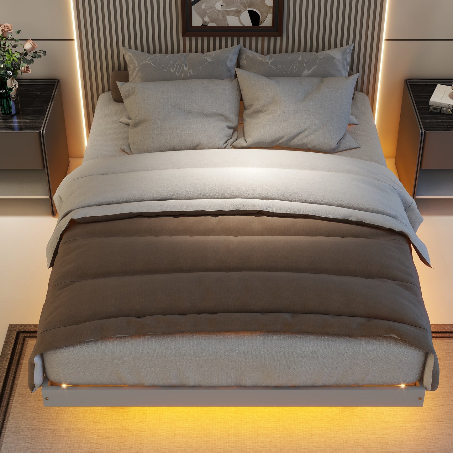 Full Size Floating Bed with LED Lights Underneath,Modern Full Size Low Profile Platform Bed with LED Lights,Grey