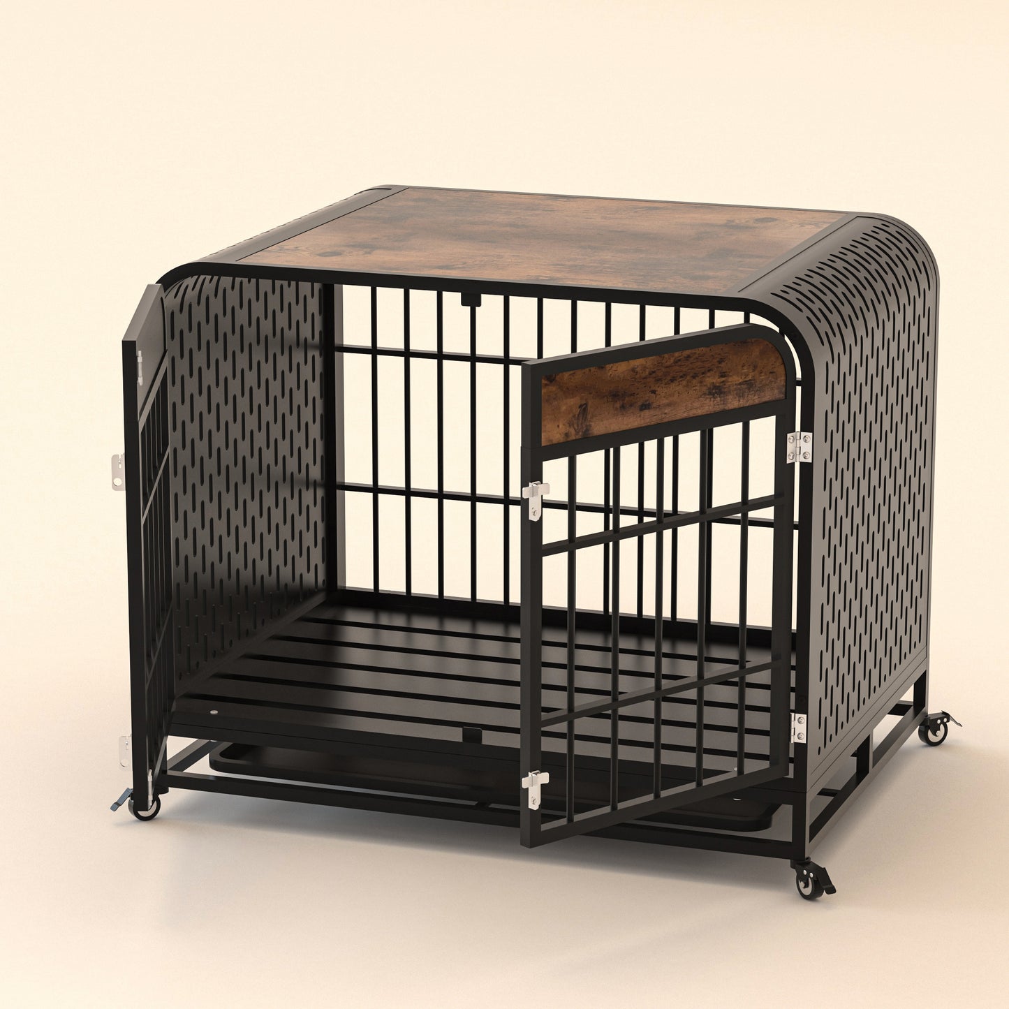 Heavy Duty Dog Crate Furniture Wooden Table Pet Dog Cage Kennel House Indoor Side End Table Decor with Removable Trays and Lockable Wheels for Small Dogs 33" Brown