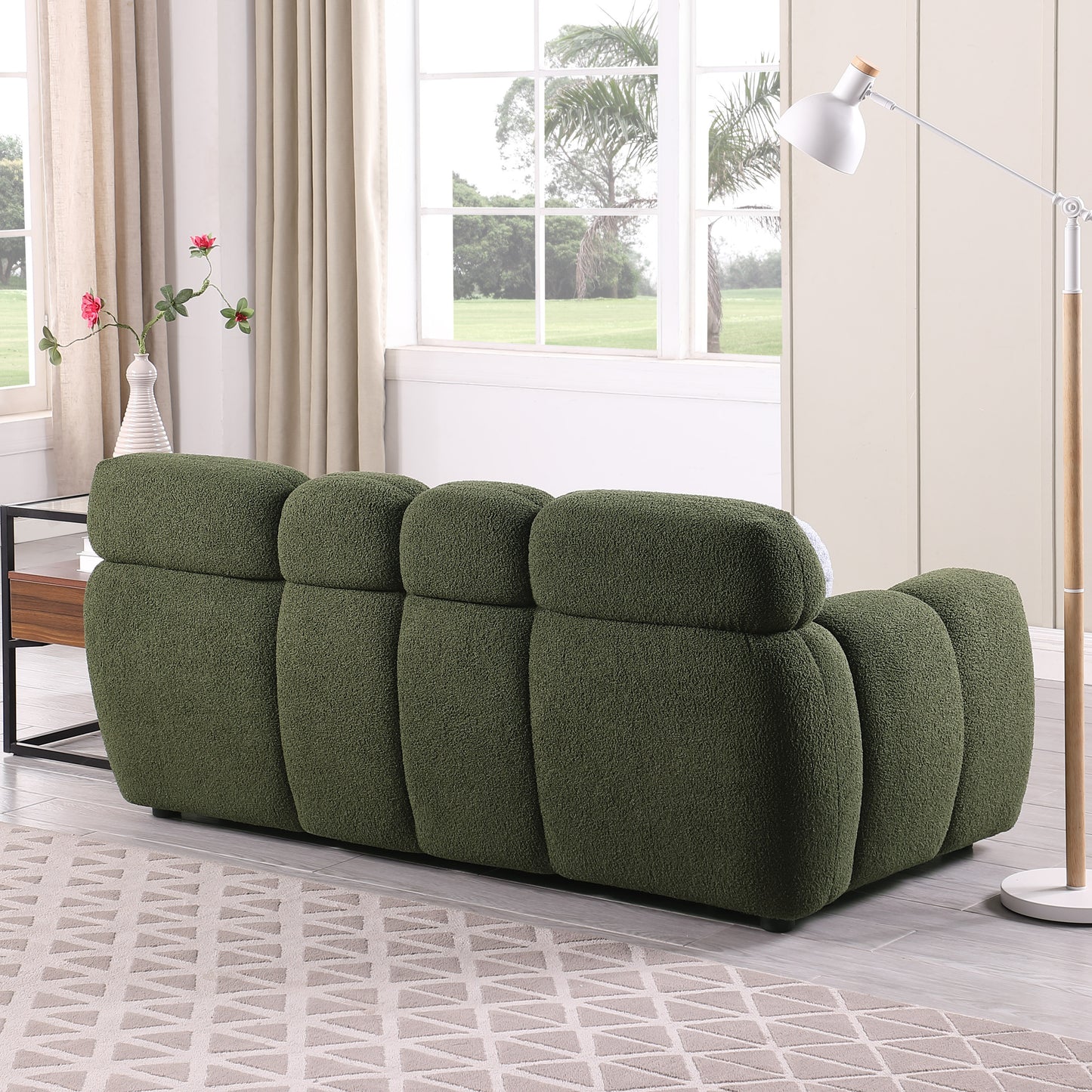 64.96 length ,35.83" deepth ,human body structure for USA people,  marshmallow sofa,boucle sofa ,2  seater, olive green  BOUCLE