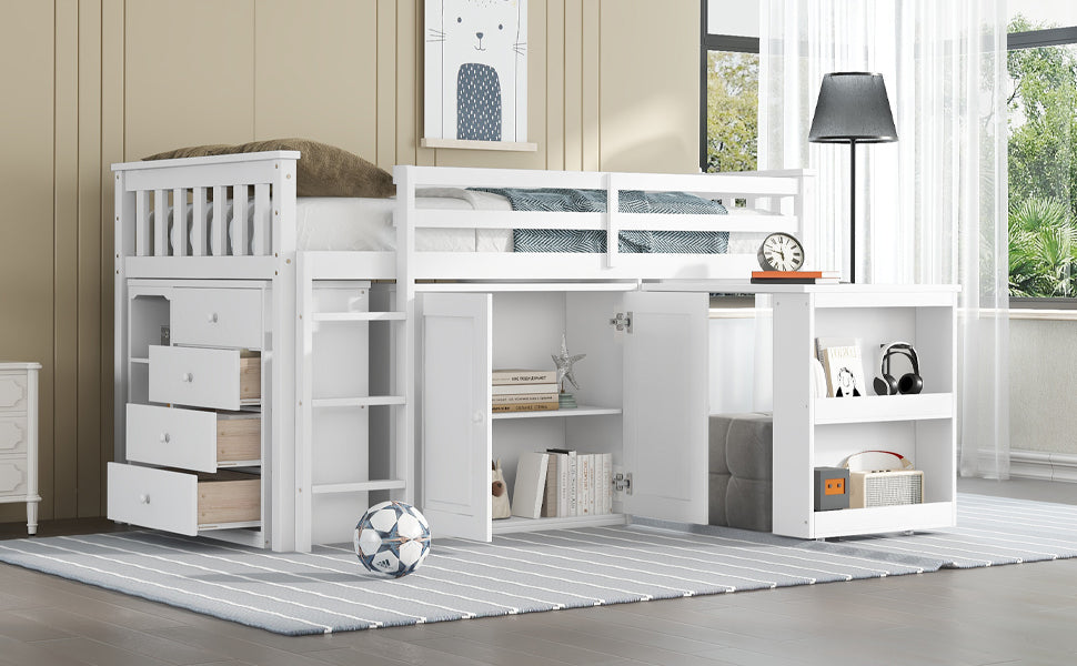 Twin Loft Bed with Storage Cabinet, Drawer and Shelf Cabinet and Pulling-Out Desk, Rubber Wood Loft Bed with Safety Guardrail, Ladder,White