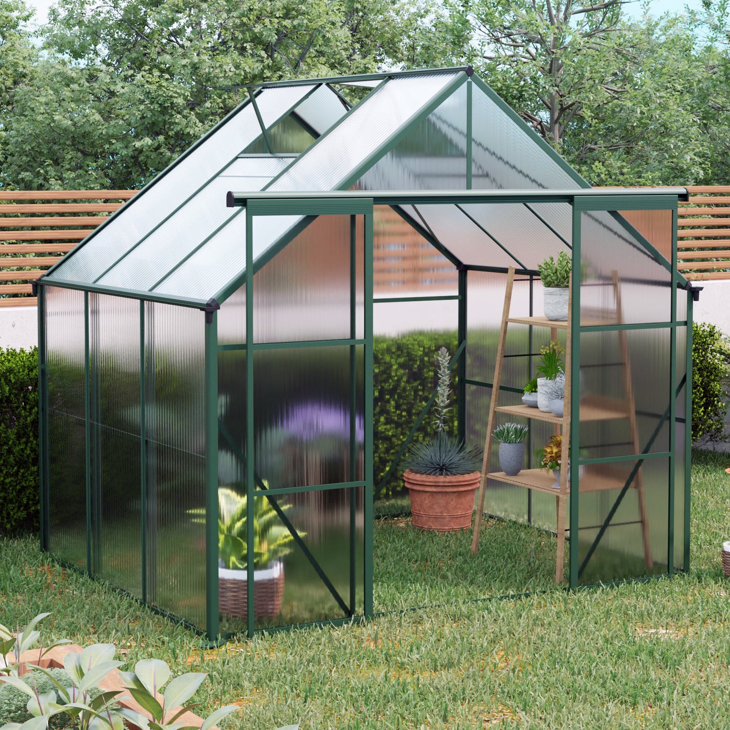 8X6FT-Green Double Door Polycarbonate Greenhouse Raised Base and Anchor Aluminum Heavy Duty Walk-in Greenhouses for Outdoor Backyard in All Season