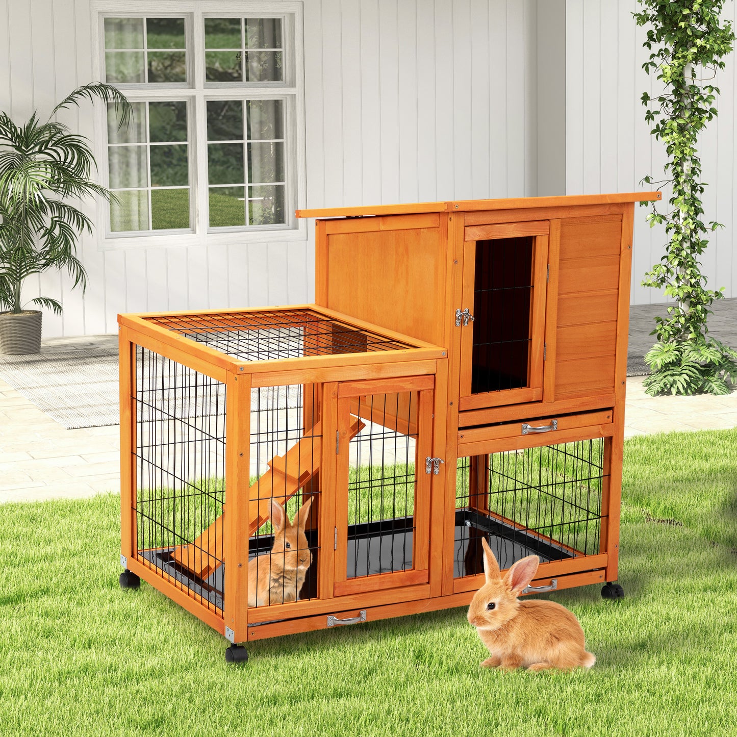 Detachable Rabbit Hutch with Removable Tray and Rolling Casters, Orange