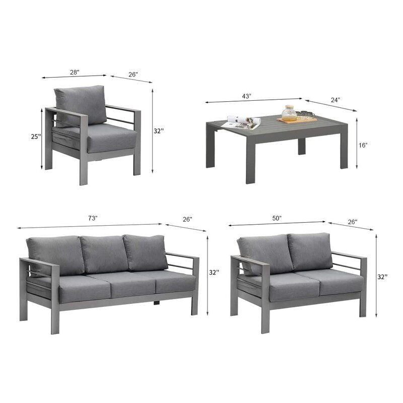 5 Pieces Outdoor All-Weather Conversation Set, Sectional Sofa, Aluminum  Couch  - Dark Gray Cushions