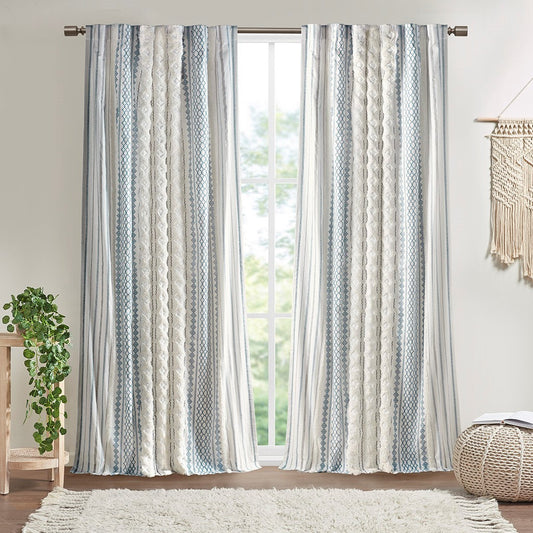 Cotton Printed Curtain Panel with Chenille Stripe and Lining White/Navy 50x95'