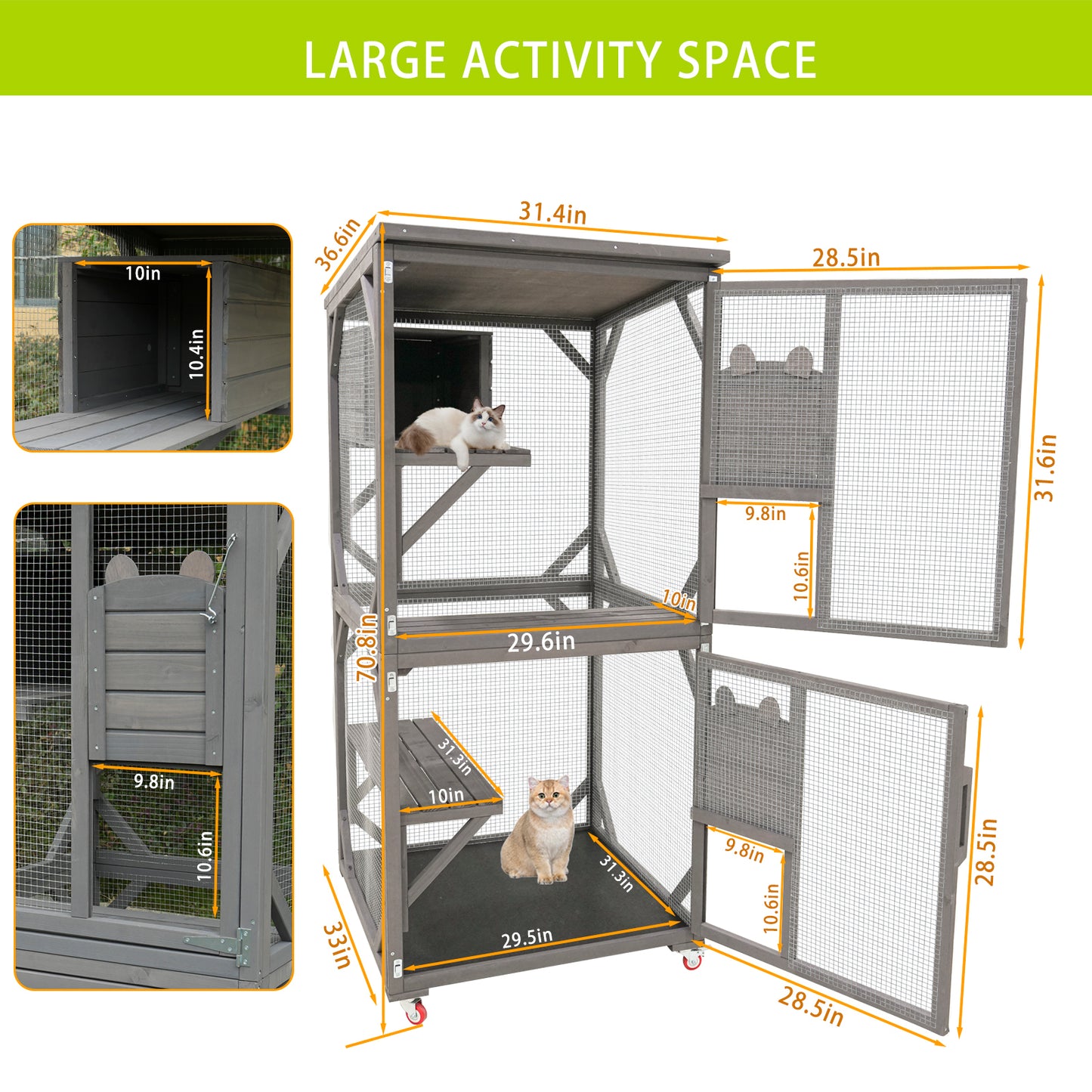 Catio Large Wooden Cat House Outdoor Indoor Cat Enclosures On Wheels, Wooden Kitty House Shelter Outside with Resting Box, Waterproof Roof (Grey, 31.5" D x 36.6" W x 71" H)