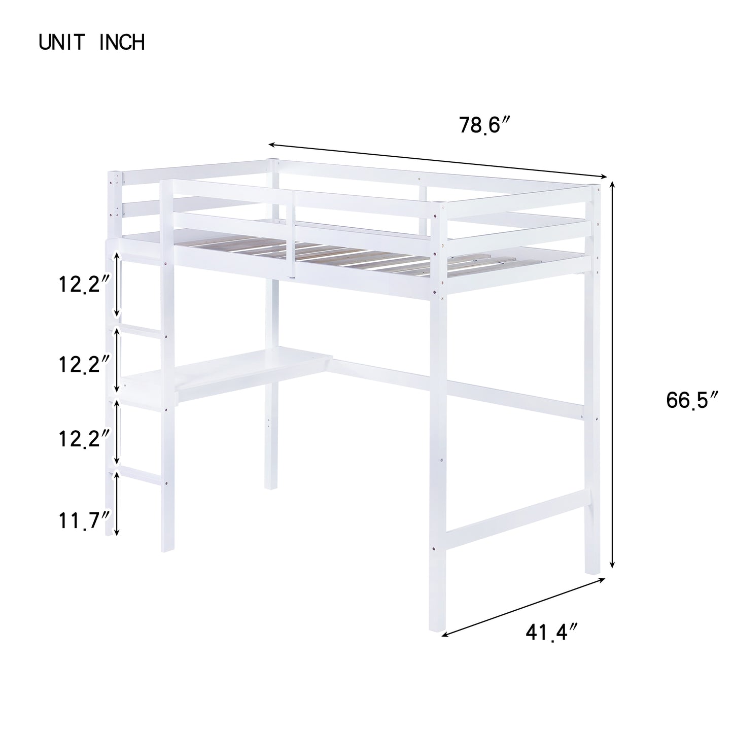 Twin High Loft Bed, Rubber Wood  Loft Bed with Safety Guardrail, built-in desk, ladder,White