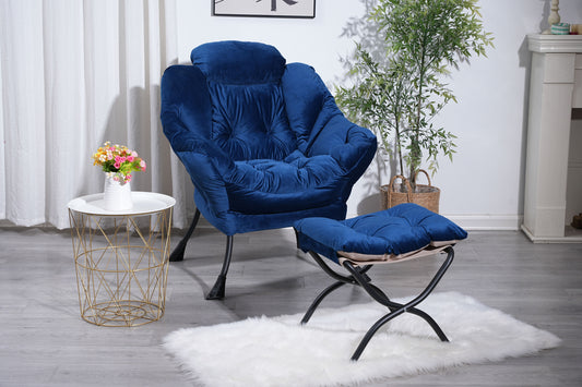 [SantaChoice] Living Room Chairs Modern Cotton Fabric Lazy Chair, Accent Contemporary Lounge Chair, Single Steel Frame Leisure Sofa Chair with Armrests and A Side Pocket (Blue) ,with ottoman ,with footrest