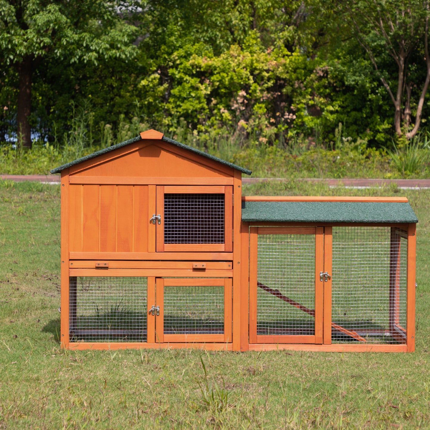 Large Wooden Rabbit Hutch Indoor and Outdoor Bunny Cage with a Removable Tray and a Waterproof Roof, Orange Red