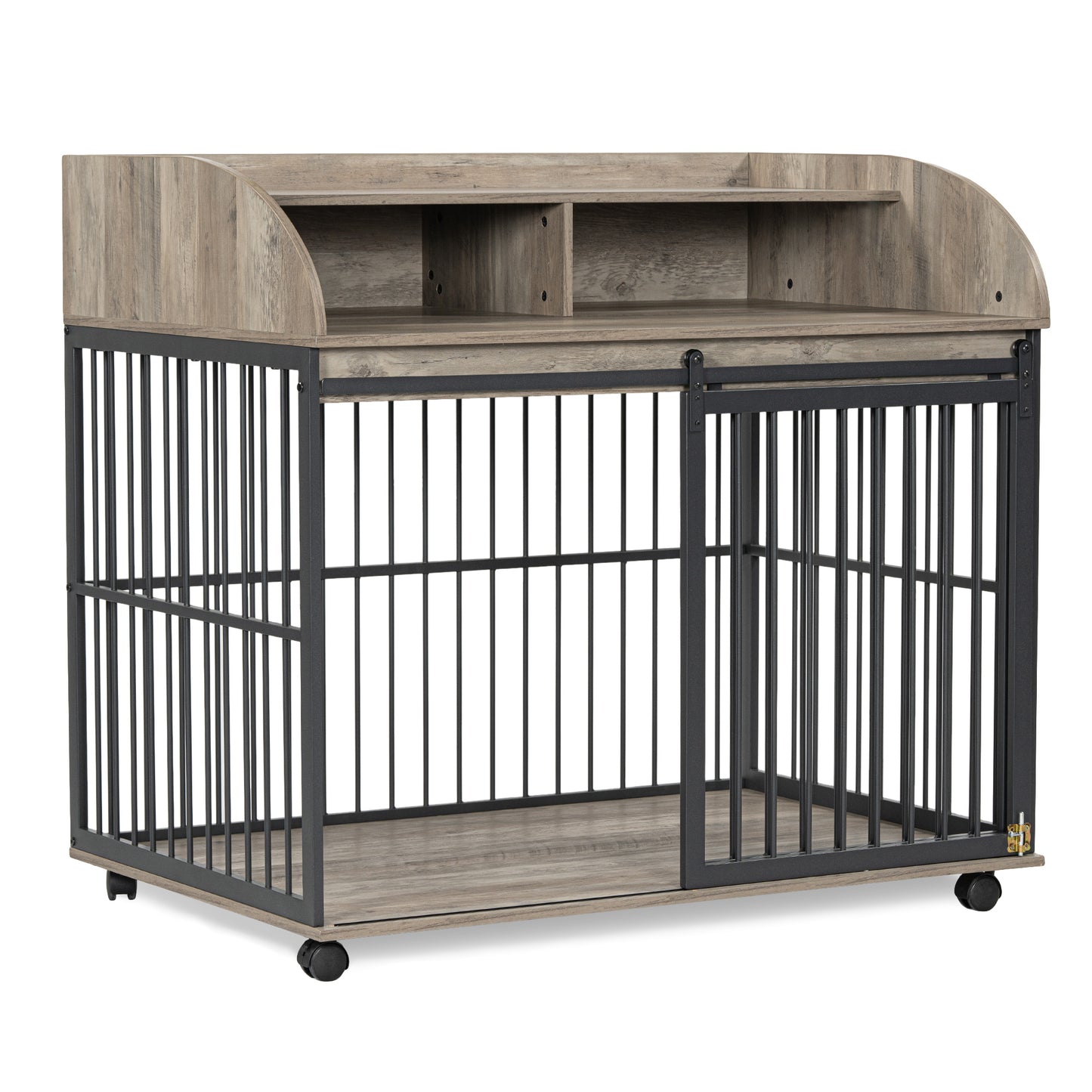 GO 44'' Heavy Duty Large Dog Crate Furniture for Large Medium Dog with Lockable Wheels, Wooden Dog Crate Dog Kennel, End Table Crate with Double layer storage, Gray