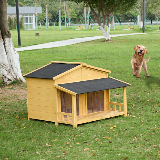 Dog House, Waterproof Dog Cage Kennel, Wooden Outdoor and Indoor Dog House, Raised Pet Kennel for Medium Dogs, Log Cabin Style with Porch,Elevated Floor,Asphalt Roof, 2 Doors, Pine Wood Natural