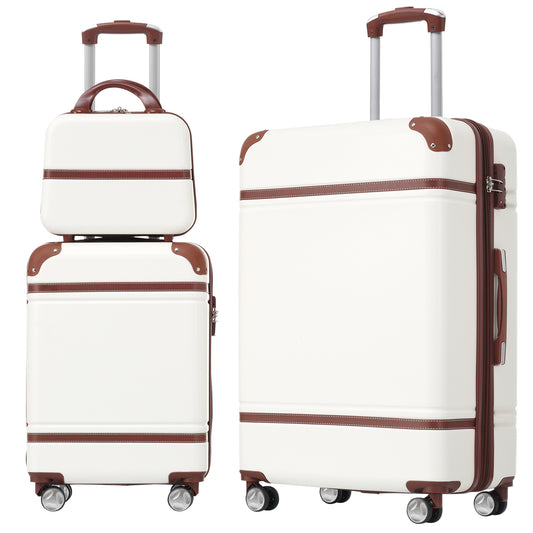 Hardshell Luggage Sets 3 Pieces 20'+28' Luggages and Cosmetic Case Spinner Suitcase with TSA Lock  Lightweight,White