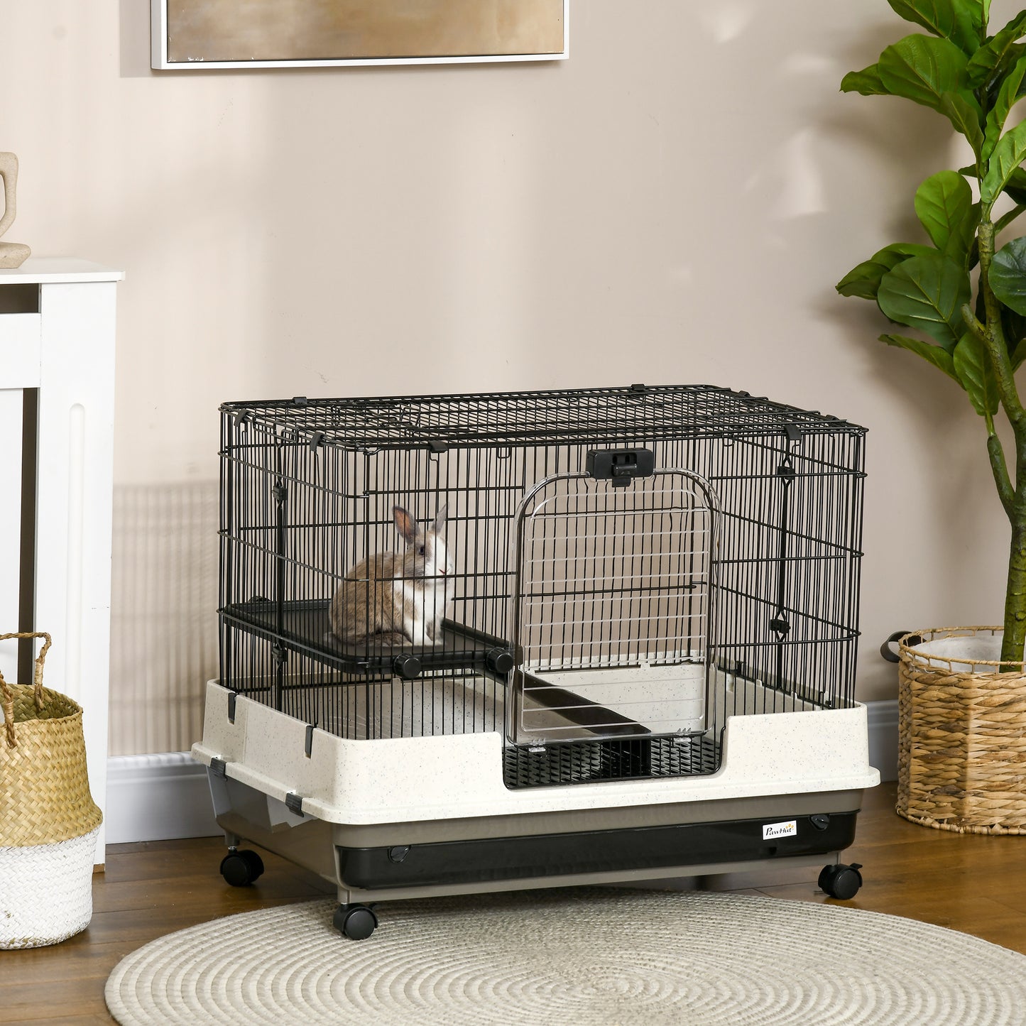 PawHut 26" Small Animal Cage with Wheels, 2-Level Portable Bunny Cage, Chinchilla Ferret Cage with Removable Tray, Platform and Ramp