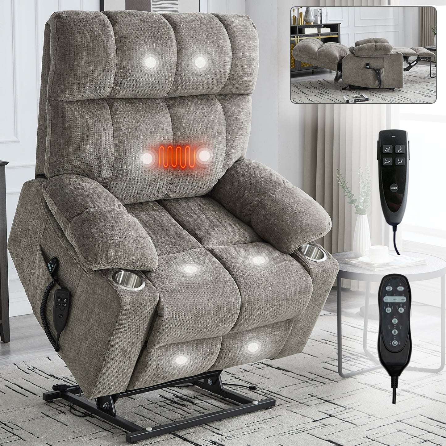 Brown Dual Motor Infinite Position Up to 350 LBS Chenille Power Lift Recliner Chair, Heavy Duty Motion Mechanism with 8-Point Vibration Massage and Lumbar Heating, Dual Cup Holders