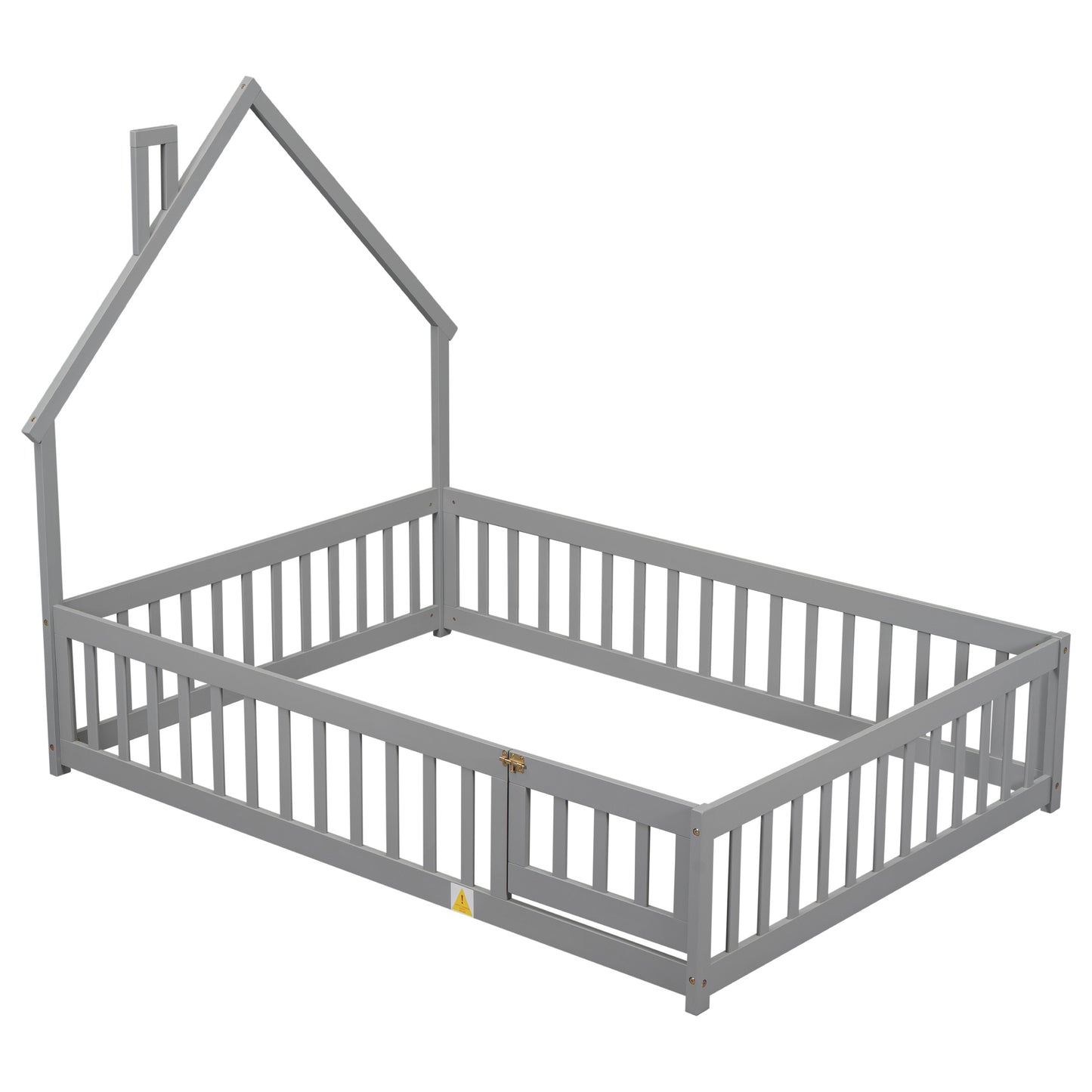 Full House-Shaped Headboard Floor Bed with Fence ,Grey