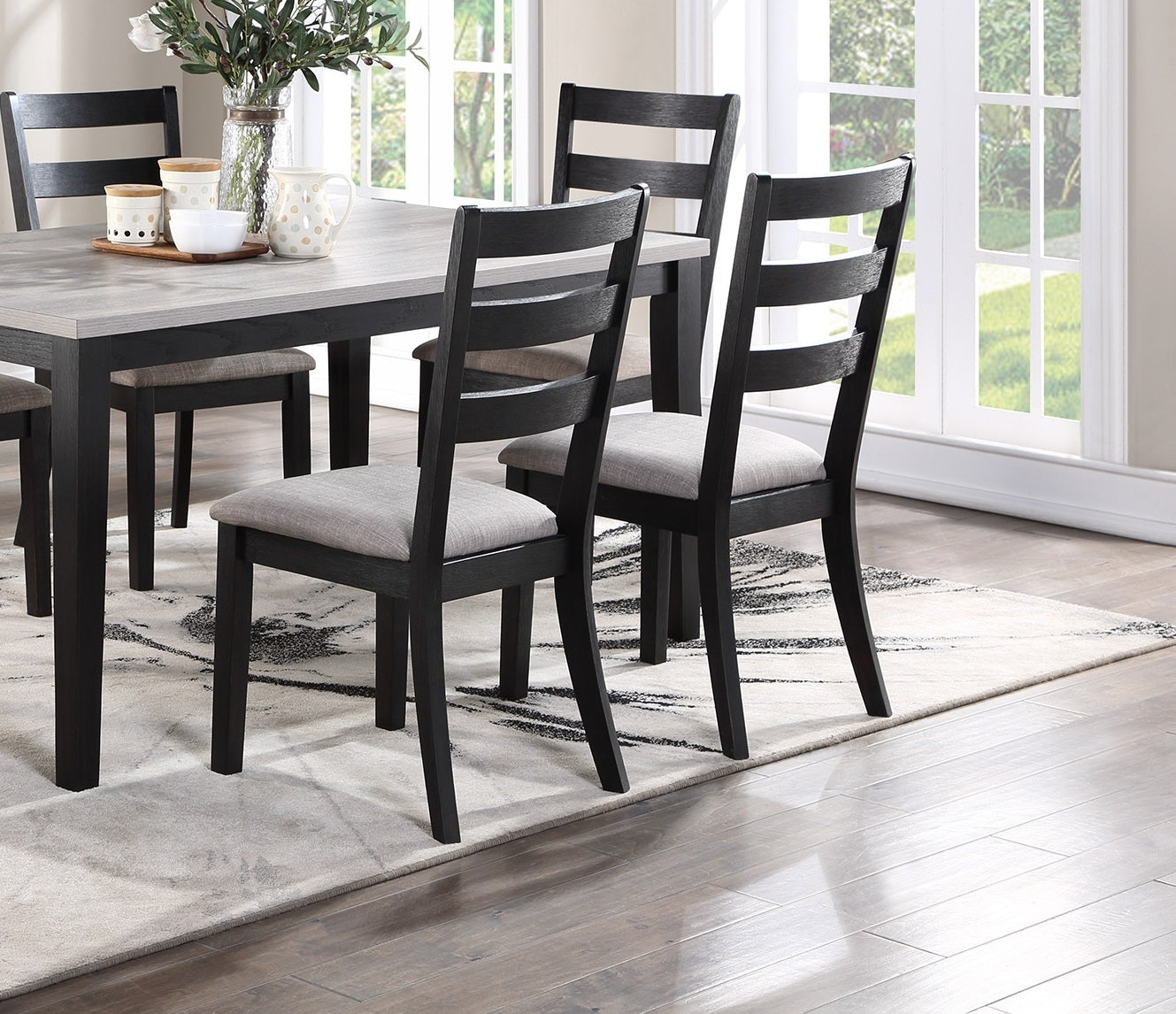 Rustic Charcoal Wooden Table 7pc Dining Set Dining Room Furniture Ladder back Side Chairs Cushion Seat light 2-Tone Sand Fabric.