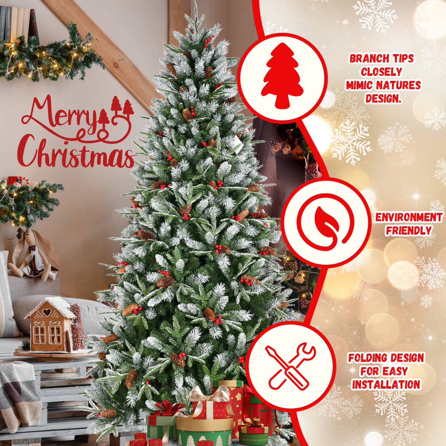 8ft PE/PVC Spray White Christmas Tree with 2850 PE&PVC Mixed Branch Tips, Hinged Premium Fake Xmas Trees, Hinged Branch & Foldable Base, Green