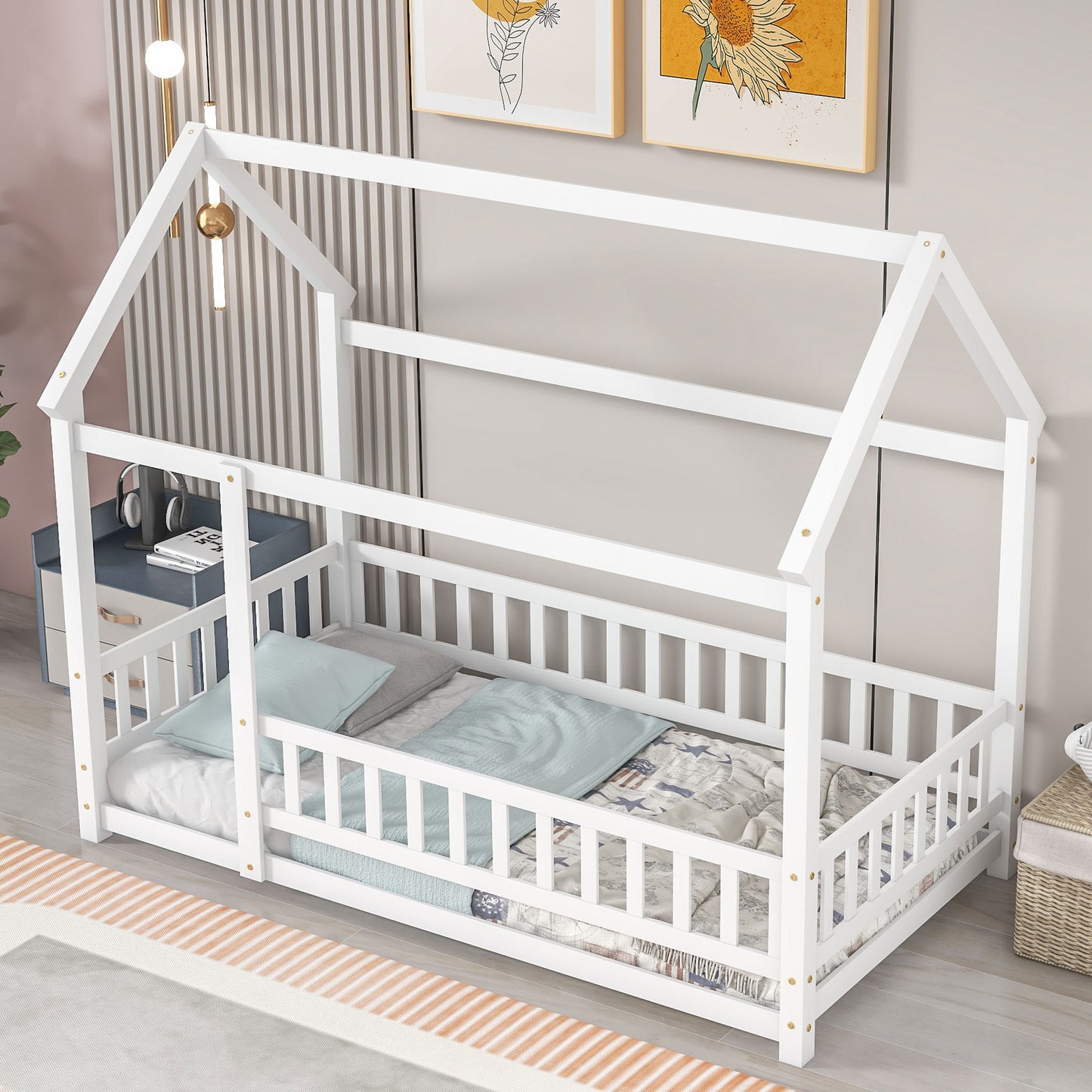 Twin Size Floor Wooden Bed with House Roof Frame, Fence Guardrails,White(Old SKU:W50471472)