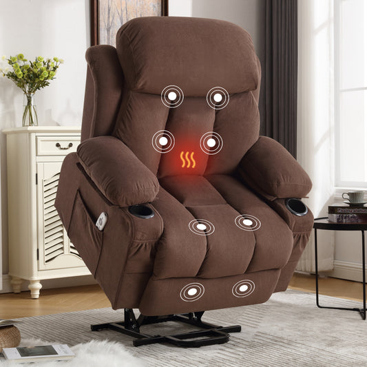 Power Lift Recliner Chair with Heat and Massage Electric Fabric Recliner Chair for Elderly with Side Pocket, USB Charge Port, Remote Control for Living Room (BROWN)A+B