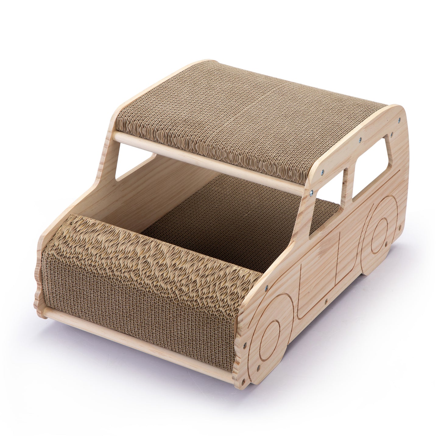 2-in-1 Wood Corrugate Cat Scratcher, Cardboard Cat House, Reversible Car-Shaped Scratch Furniture Protector