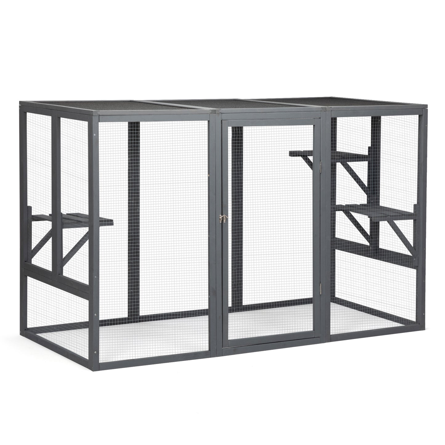 Spacious wooden cat cage with waterproof roof with adjustable pedals suitable - gray black