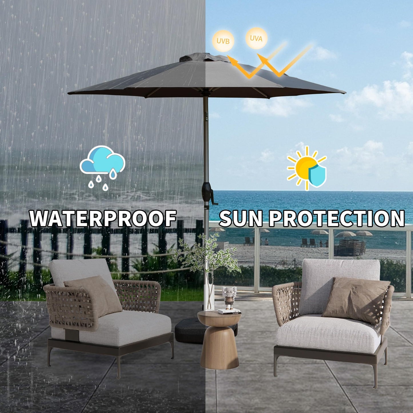 7.5FT Patio Umbrella, Outdoor Table Umbrella with Push Button Tilt and Crank, UV Protection Waterproof Market Sun Umbrella with 6 Sturdy Ribs for Garden, Deck, Backyard, Pool (Gray)