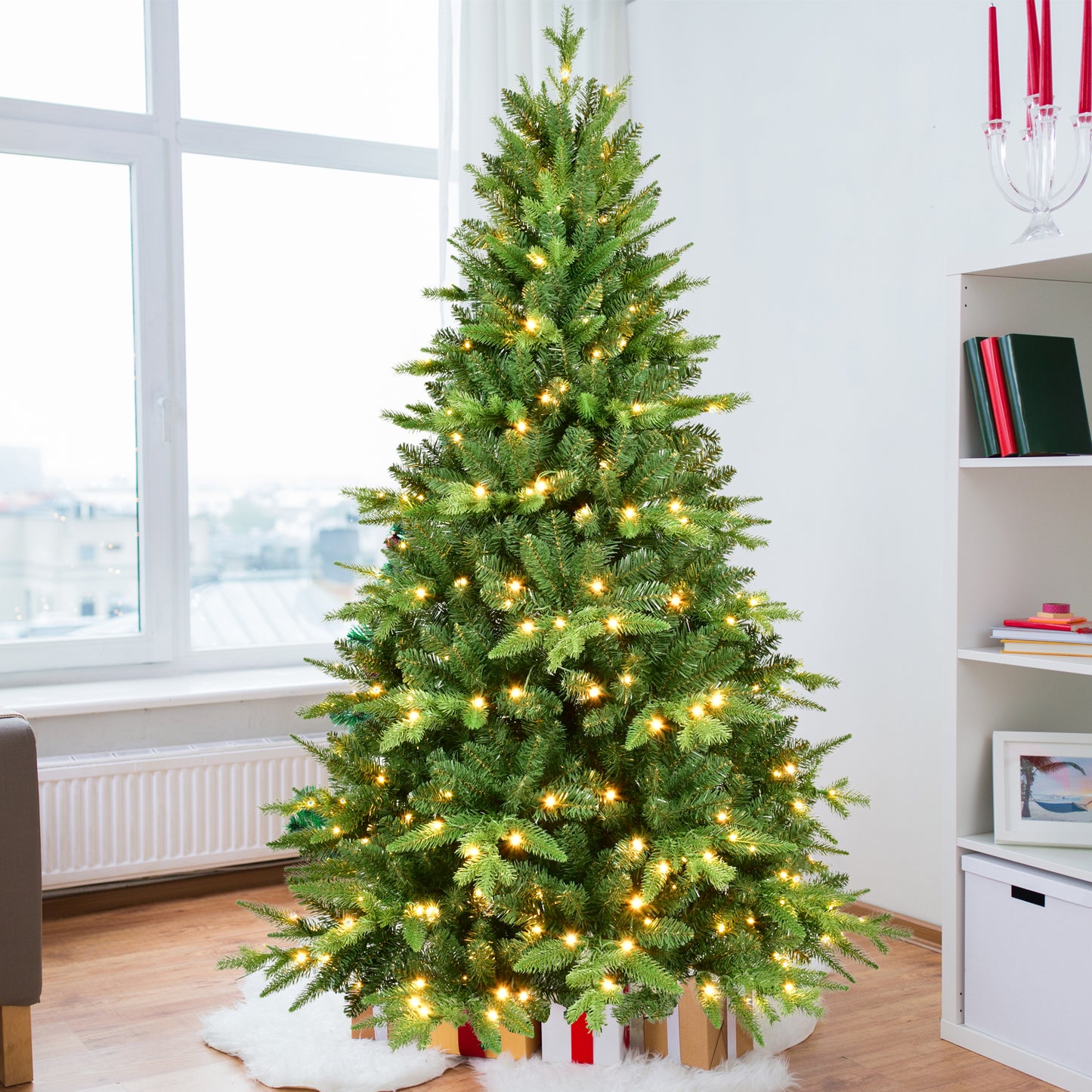 5FT PE And PVC Christmas Tree with Lights, Unique Christmas Tree Prelit with 850 Branch Tips, 250 Warm White LEDs and Metal Stand, Aritificial Christmas Tree