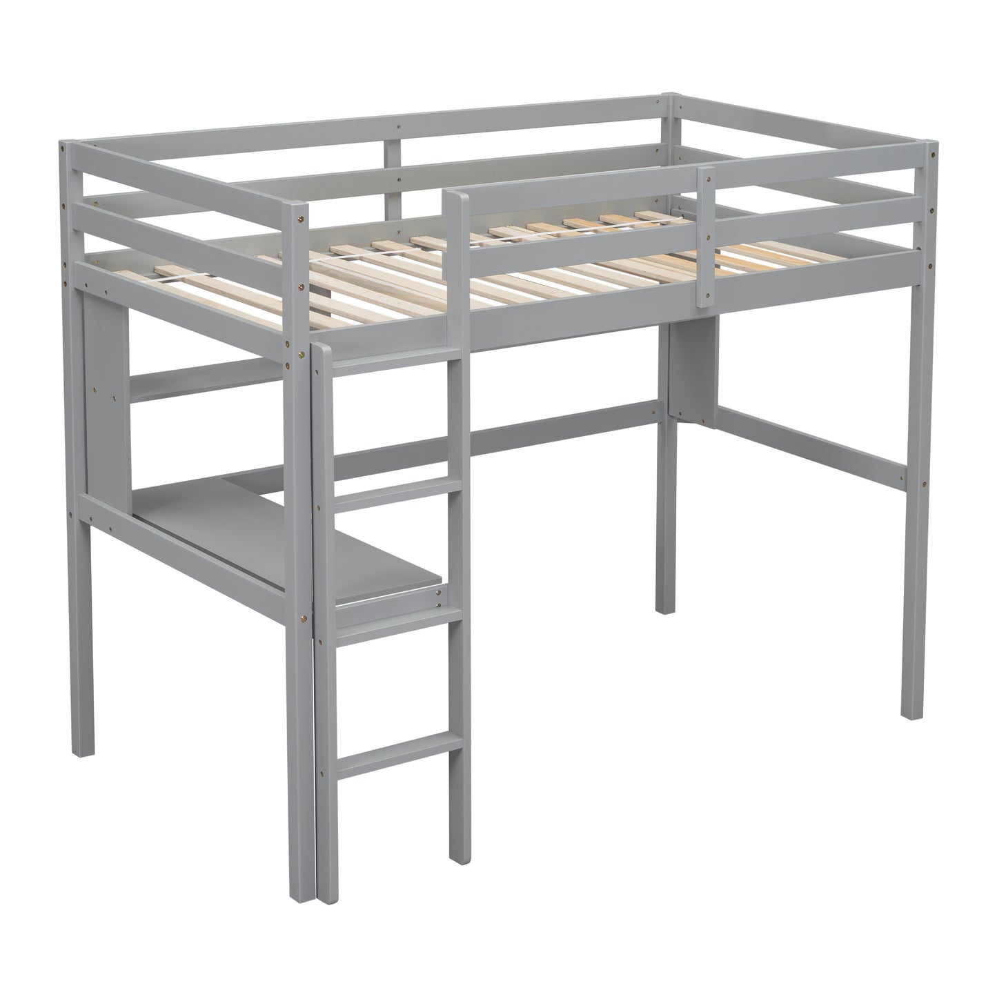 [SantaChoice] Twin Size Loft Bed with desk and shelves, Safety Guardrail and ladder,Grey