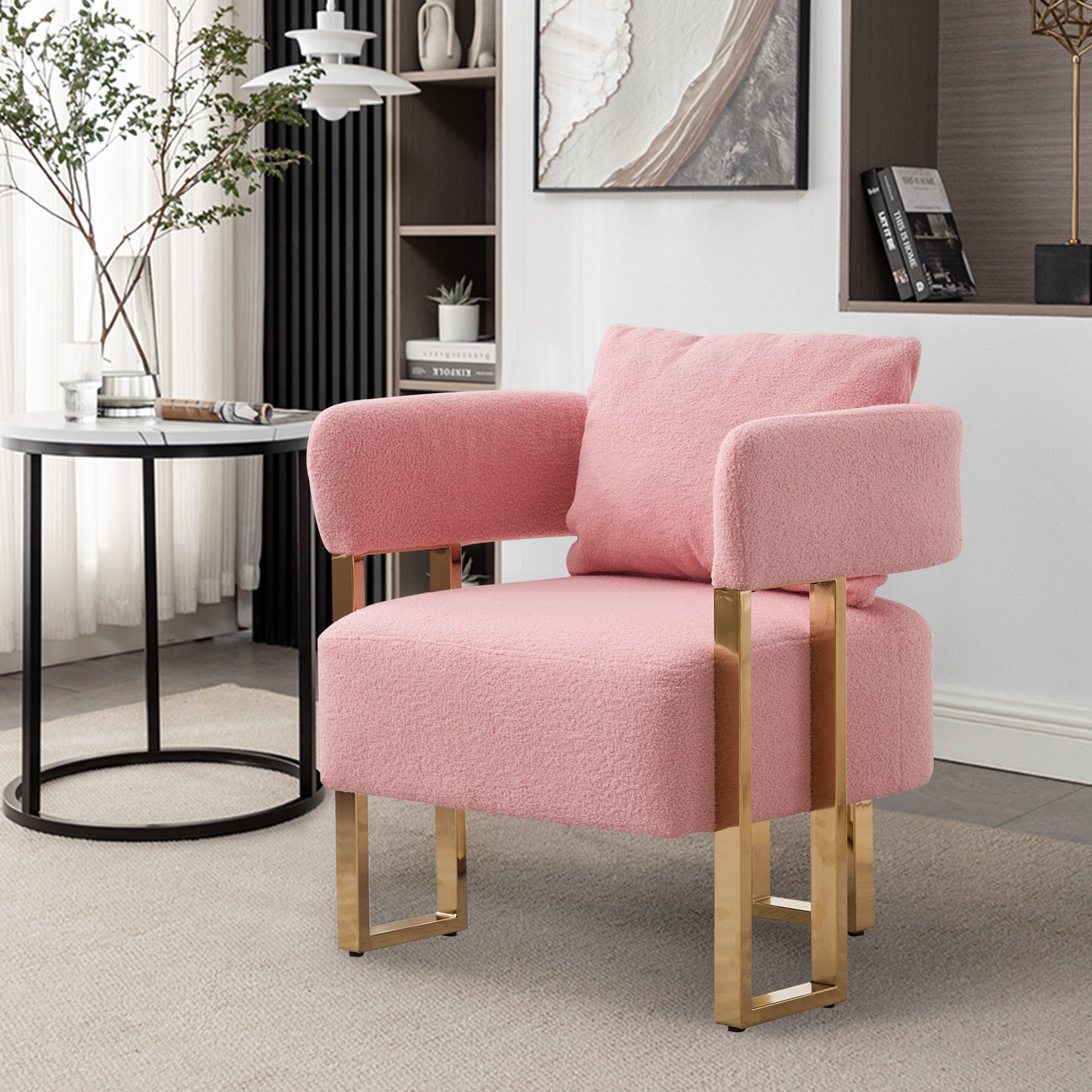 [SantaChoice] TS Modern decorative chair, living room side chair with gold metal legs, no wheels, suitable for dressing area, reception room, office,Teddy fleece upholstered metal foot sofa 1PC Pink