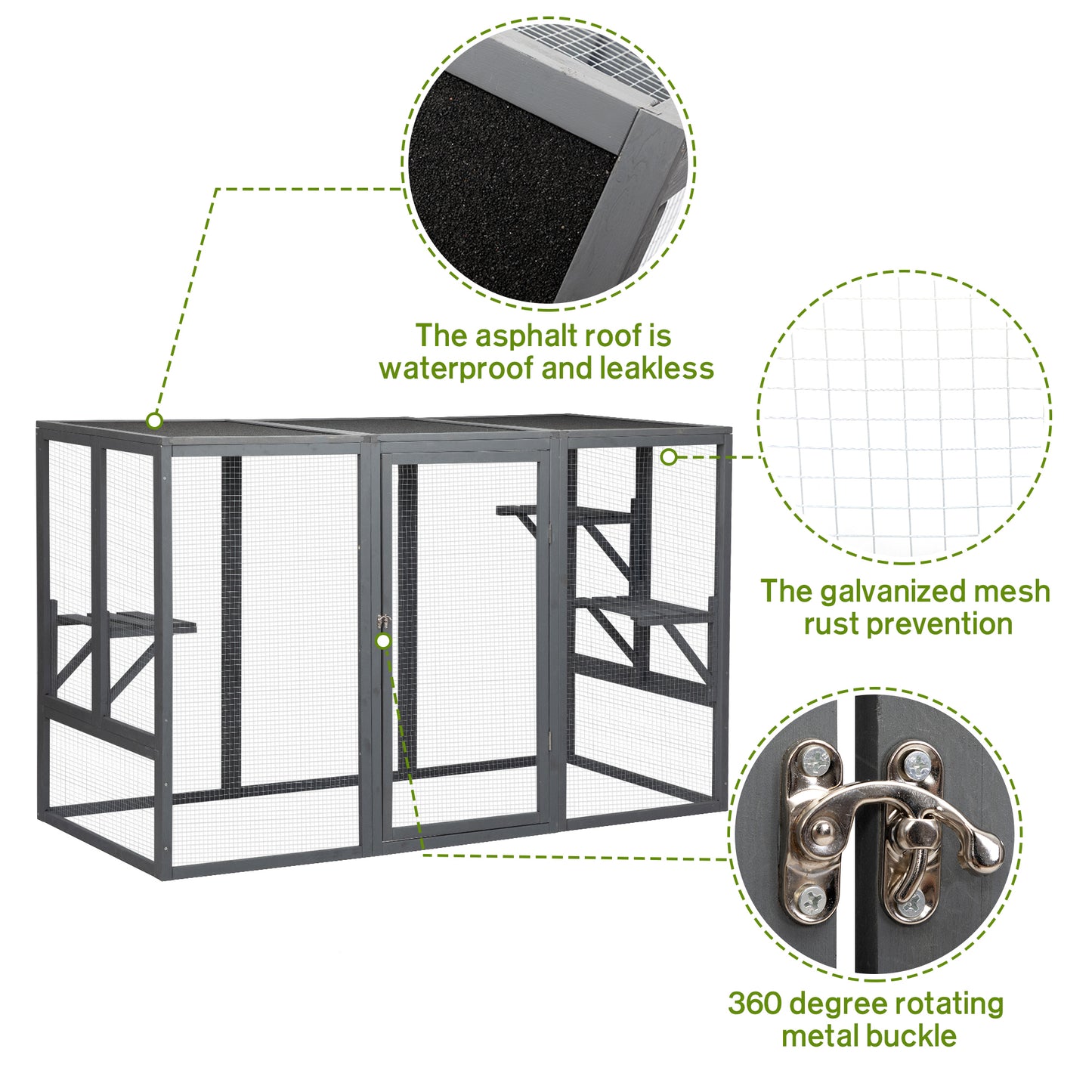 Spacious wooden cat cage with waterproof roof with adjustable pedals suitable - gray black