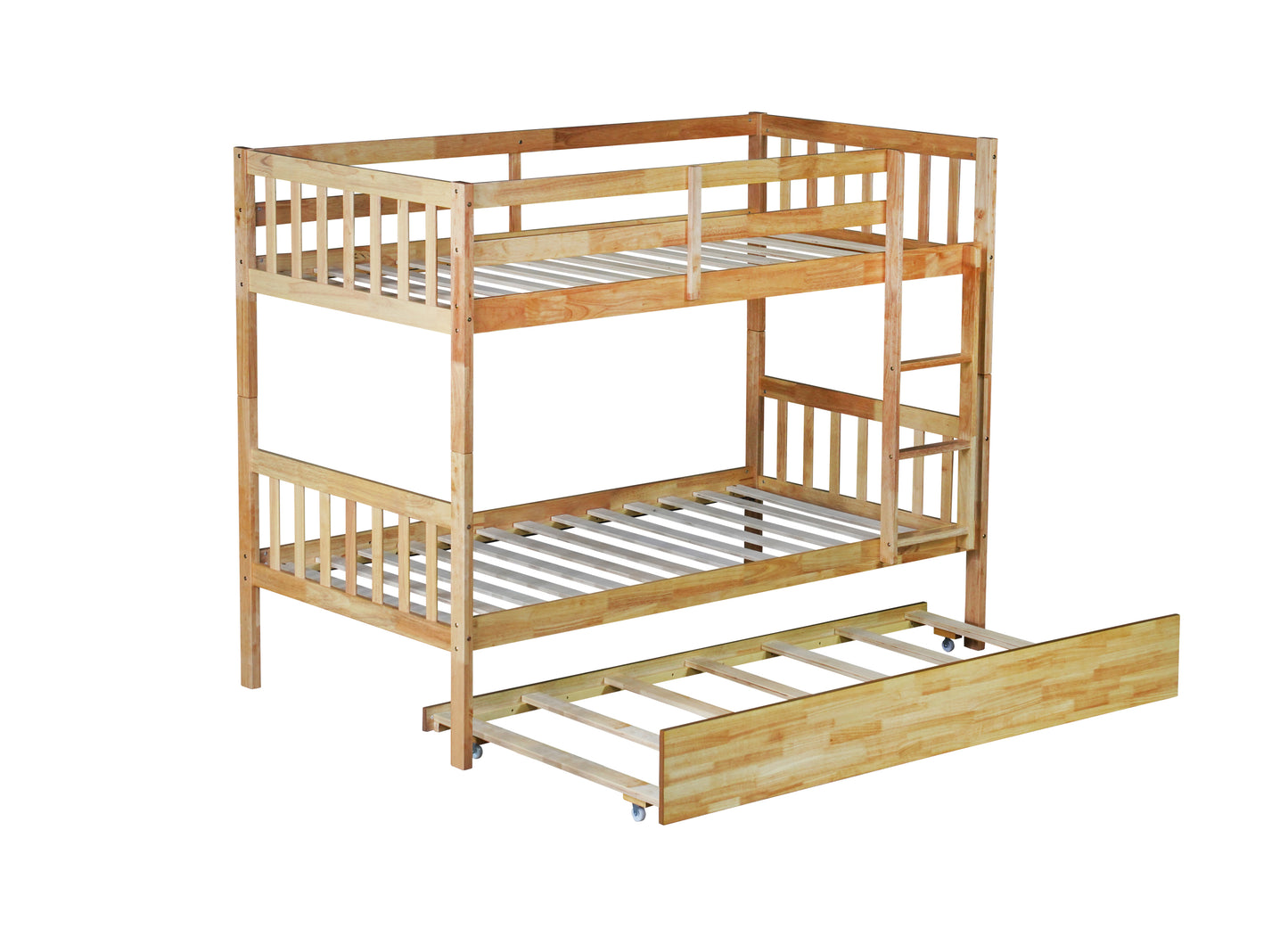 Twin Over Twin Rubber Wood Bunk Bed with Trundle, Convertible into 2 Twin Size Beds, Twin Size Bunk Bed with Ladder and Safety Guardrails,Natural