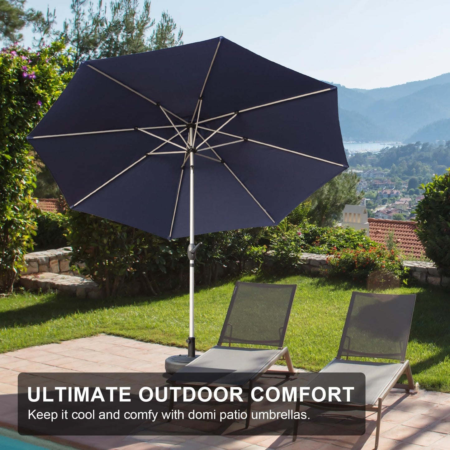 [SantaChoice] 9FT Patio Umbrella, Outdoor Table Umbrella with Push Button Tilt and Crank, UV Protection Waterproof Market Sun Umbrella with 8 Sturdy Ribs for Garden, Deck, Backyard, Pool (Navy Blue)