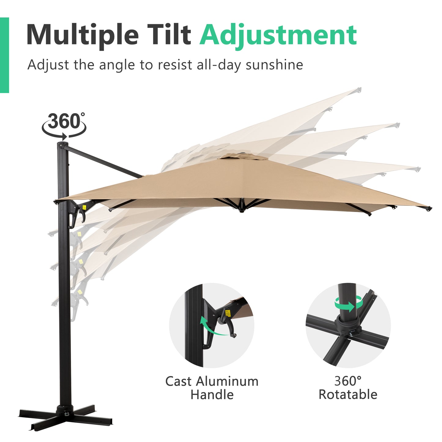 10 FT Cantilever Patio Umbrella with 360° Rotation & Tilt Adjustment, Square Outdoor Offset Umbrella with Aluminum Pole without base- Khaki