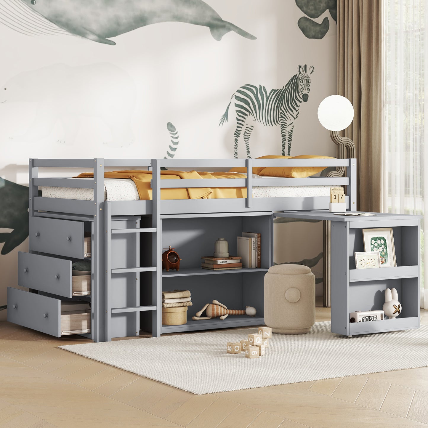 Twin Loft Bed with ,Drawer Cabinet, Shelf Cabinet and Pulling -Out Desk,Rubber Wood Loft Bed with Safety Guardrail ,Ladder,Grey