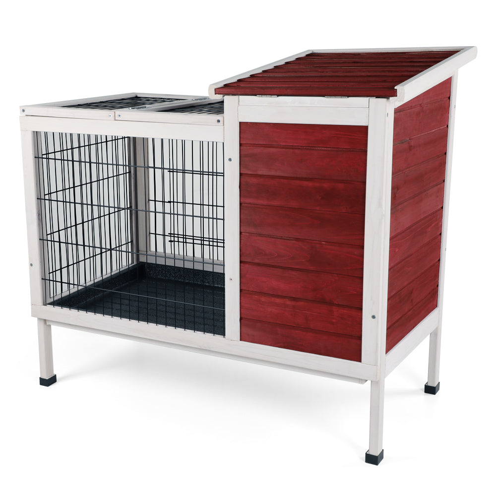 Two-Tier Wooden Indoor/Outdoor Rabbit Cage for Small Animals with Runway and Leak-Proof Plastic Tray,Red