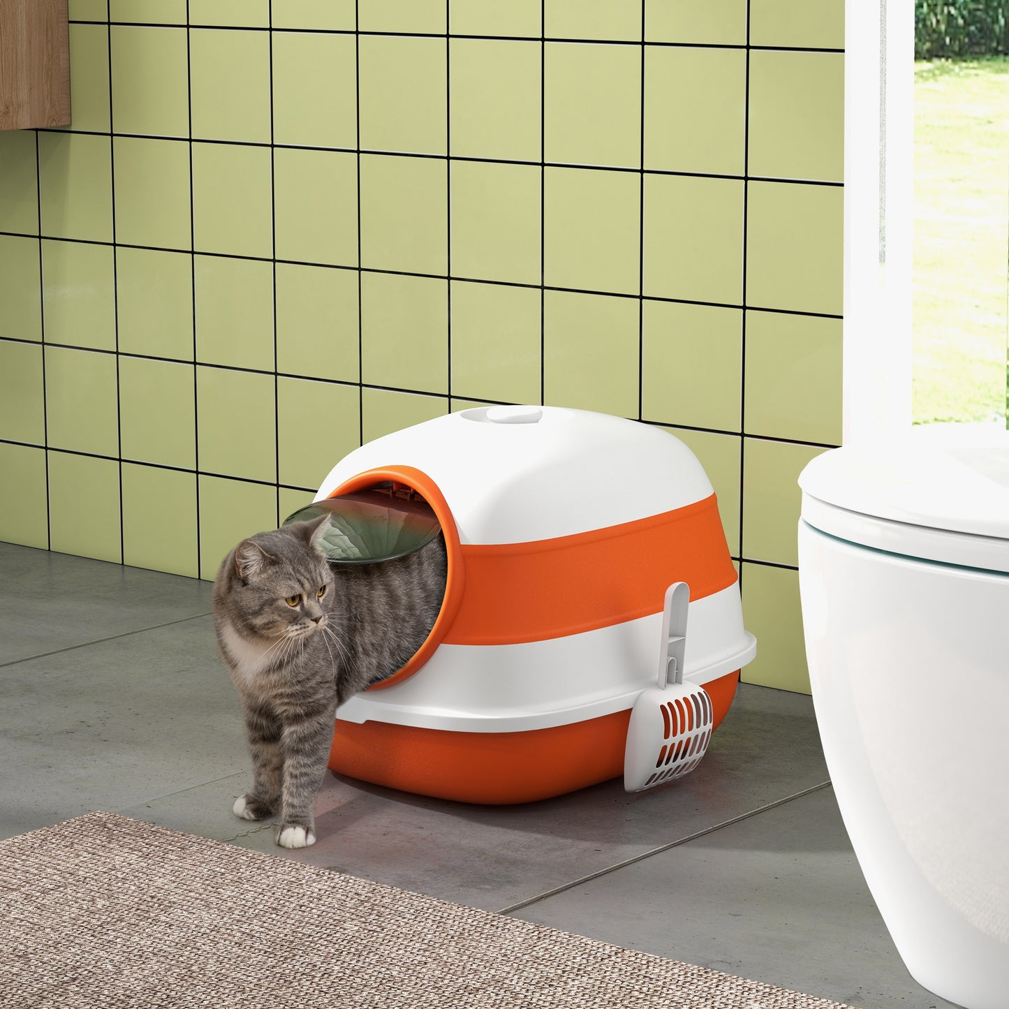 PawHut Cat Litter Box with Lid, Covered Litter Box w/ High Sides, Air Freshener, Large Two-Way Entrance Kitty Litter Box, Foldable, Easy Clean, Orange, and Black