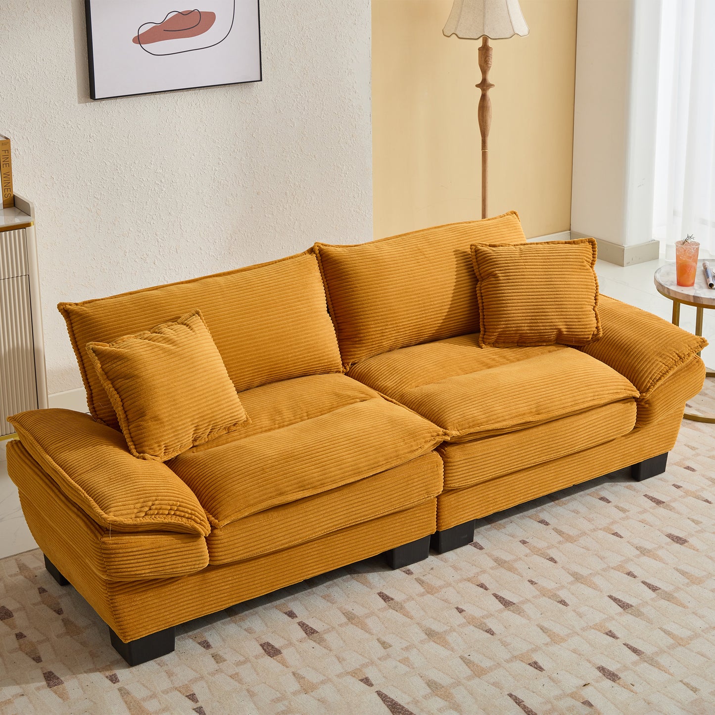 Corduroy Sofa Sleeper Couch Loveseat Sofa with Pillows Comfy Upholstered Deep Seat Sofa for Bedroom,Living Room,Apartment,Office,Dorm-Yellow Corduroy