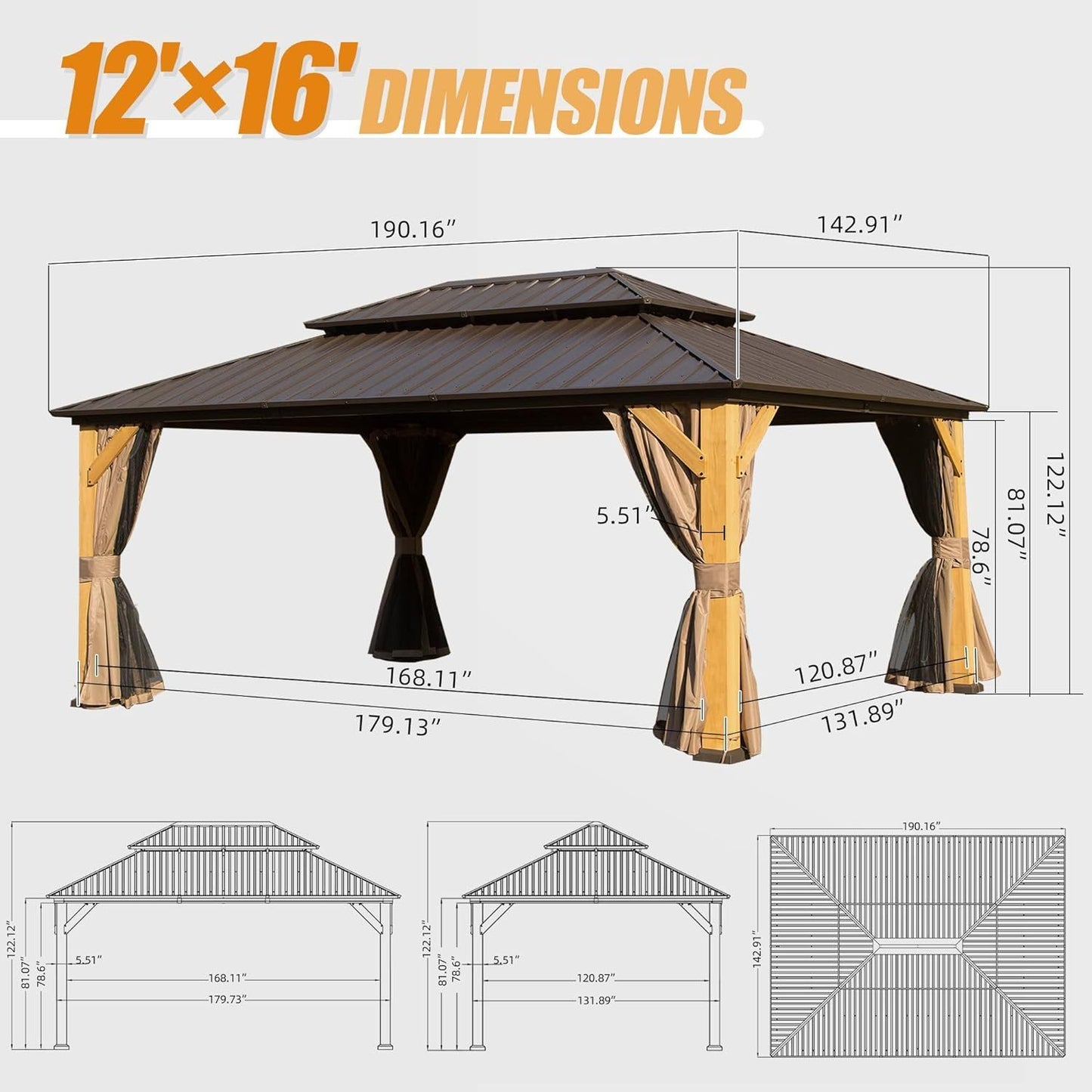 12x16FT Cedar Wood Gazebo, Solid Wood Hardtop Gazebo with Galvanized Steel Double Roof, Netting & Curtains, Outdoor Gazebo for Patio, Backyard, Deck, Lawns