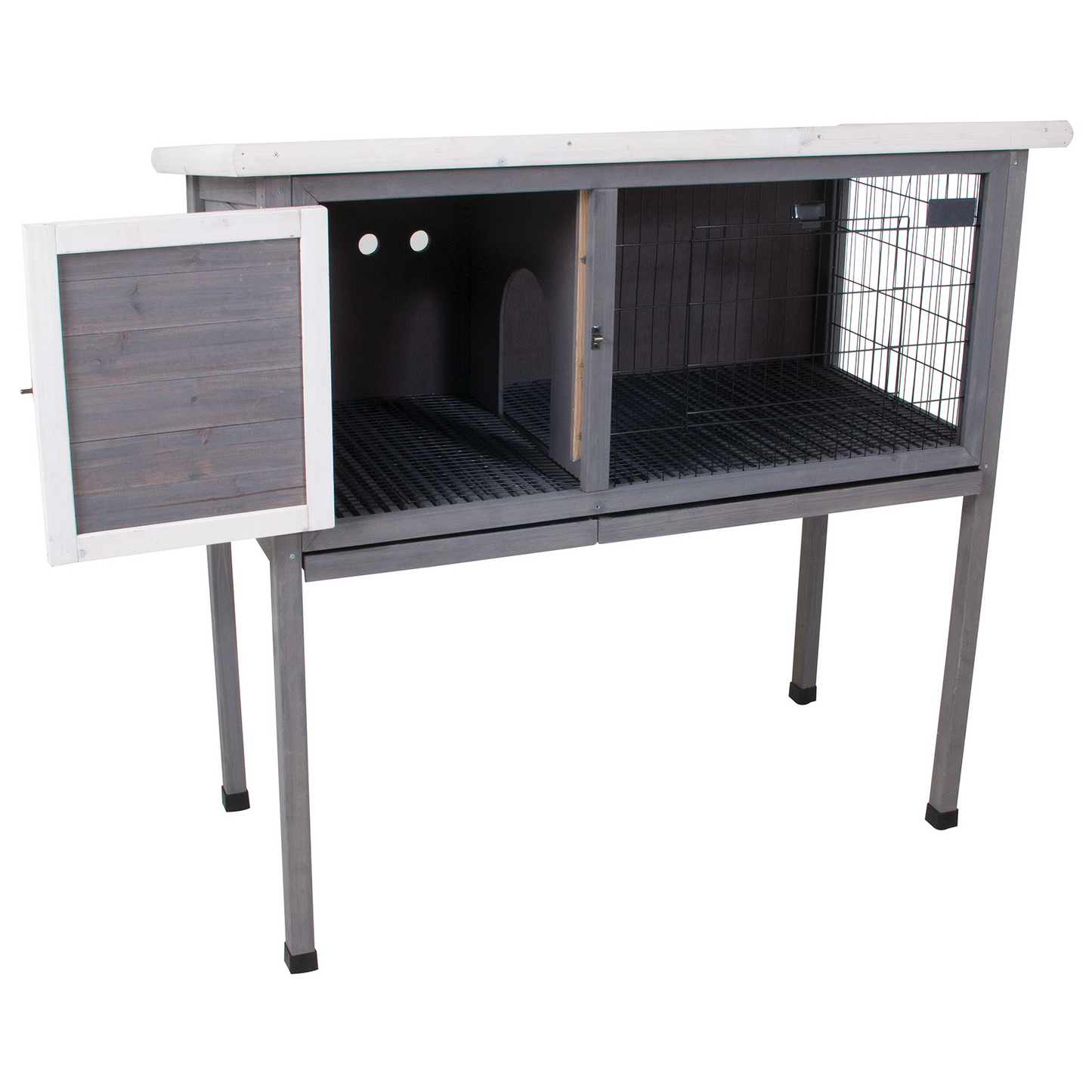 48"Wood Rabbit Hutch, Indoor Outdoor Bunny Cage with Roof and Removable Tray, Chicken Coop with Lockable Door, Guinea Pig Cage, Small Animal Houses & Habitats (Grey