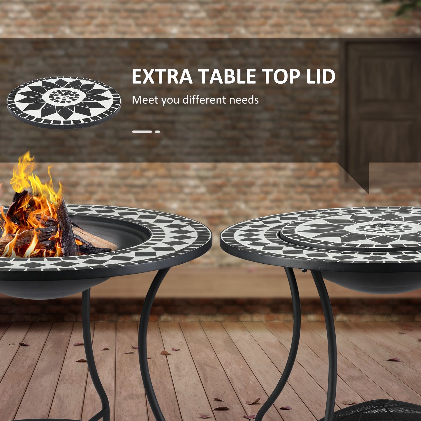 30" Outdoor Fire Pit Dining Table, 3-in-1 Round Wood Burning Fire Pit Bowl, Patio Ice Bucket with Storage Shelf, Spark Screen Cover for BBQ, Bonfire, Camping, Mosaic