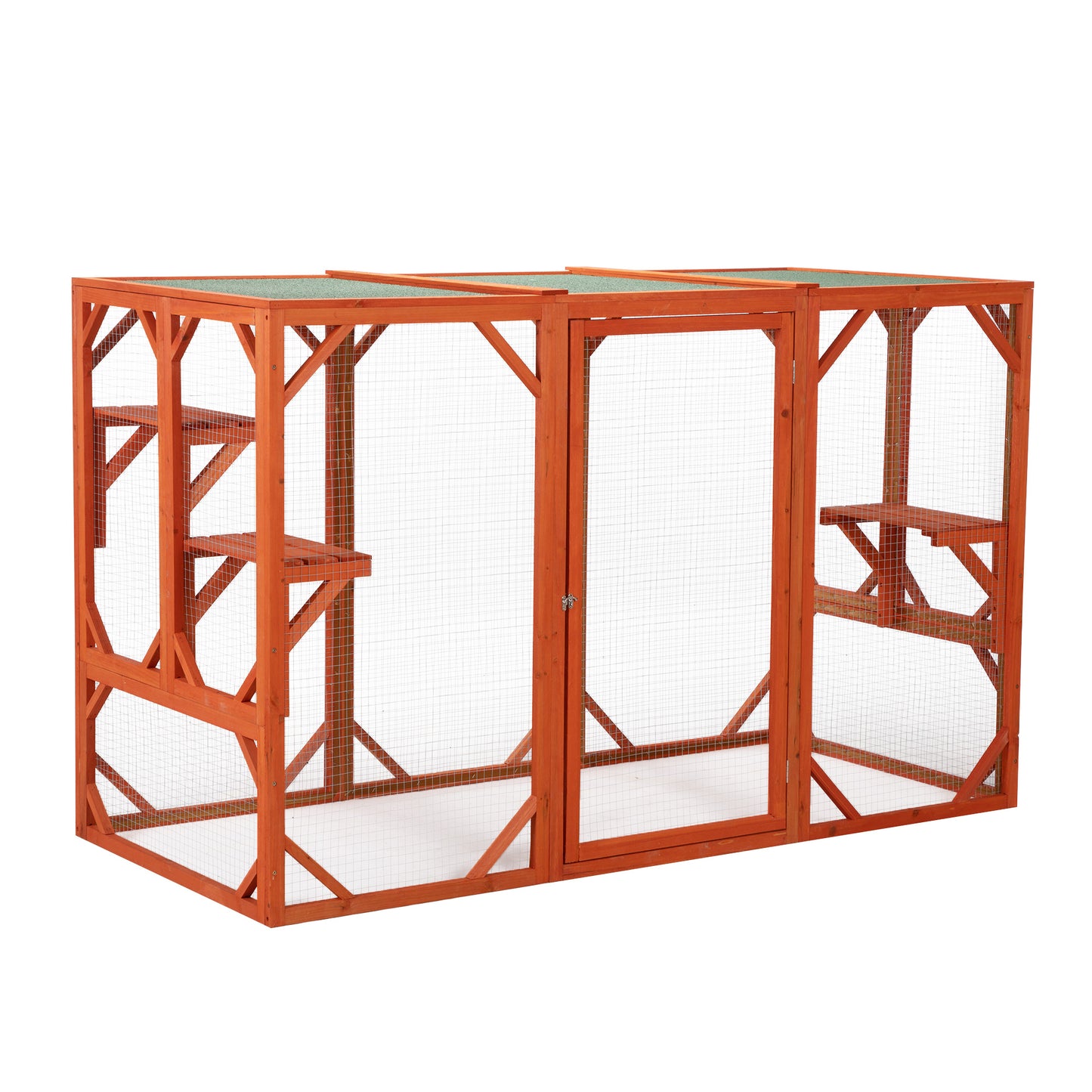 Wooden Cat House, Outdoor Cat Cage with Water-proof Asphalt Planks and Cat Perches, Orange