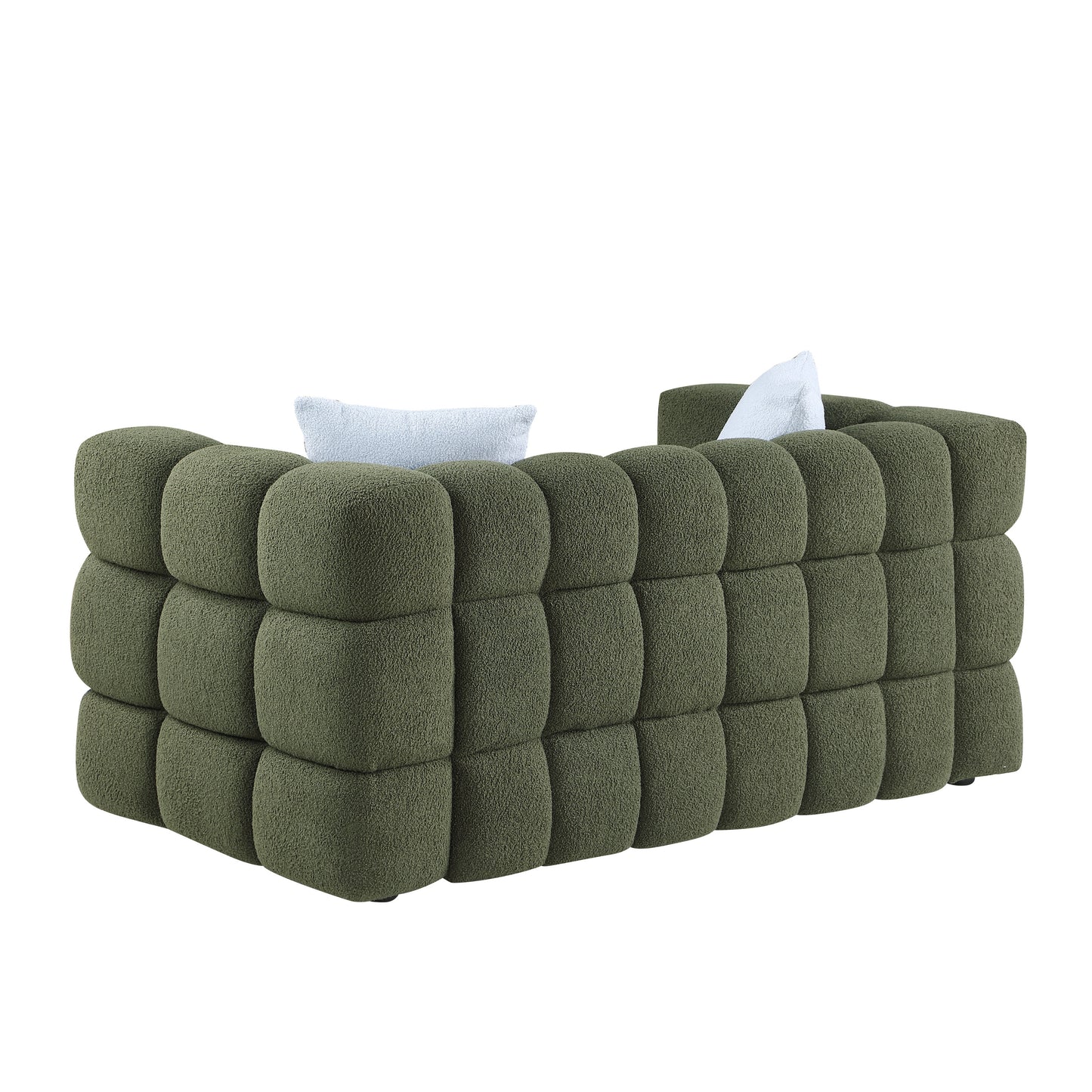 84.3 length ,35.83" deepth ,human body structure for USA people,  marshmallow sofa,boucle sofa ,3 seater, OLIVE GREEN BOUCLE