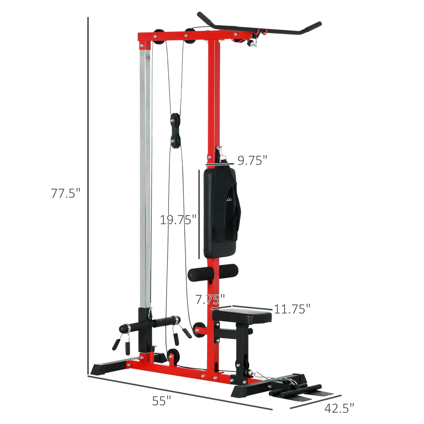 Soozier Cable Machine, LAT Machine with High and Low Pulley Stations, Cable Row Machine with Adjustable Seat and Flip-Up Footplate, for Home Gym, Black and Red