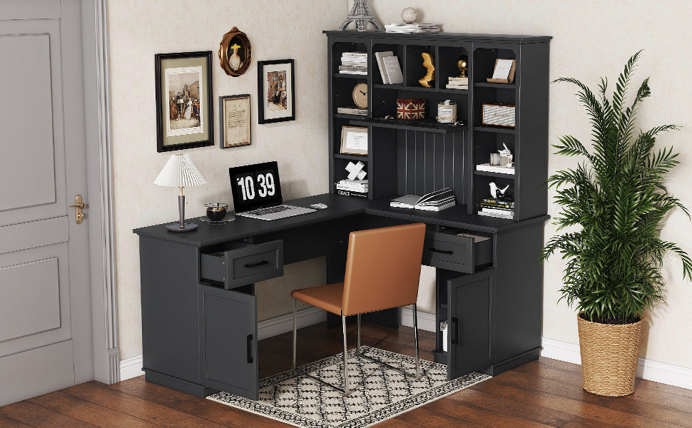 L-shaped computer desk with 2 cabinets and 2 drawers underneath the table, 11 open shelves and a flip-up shelf with storage on the right side, suitable for study, living room and office, Black