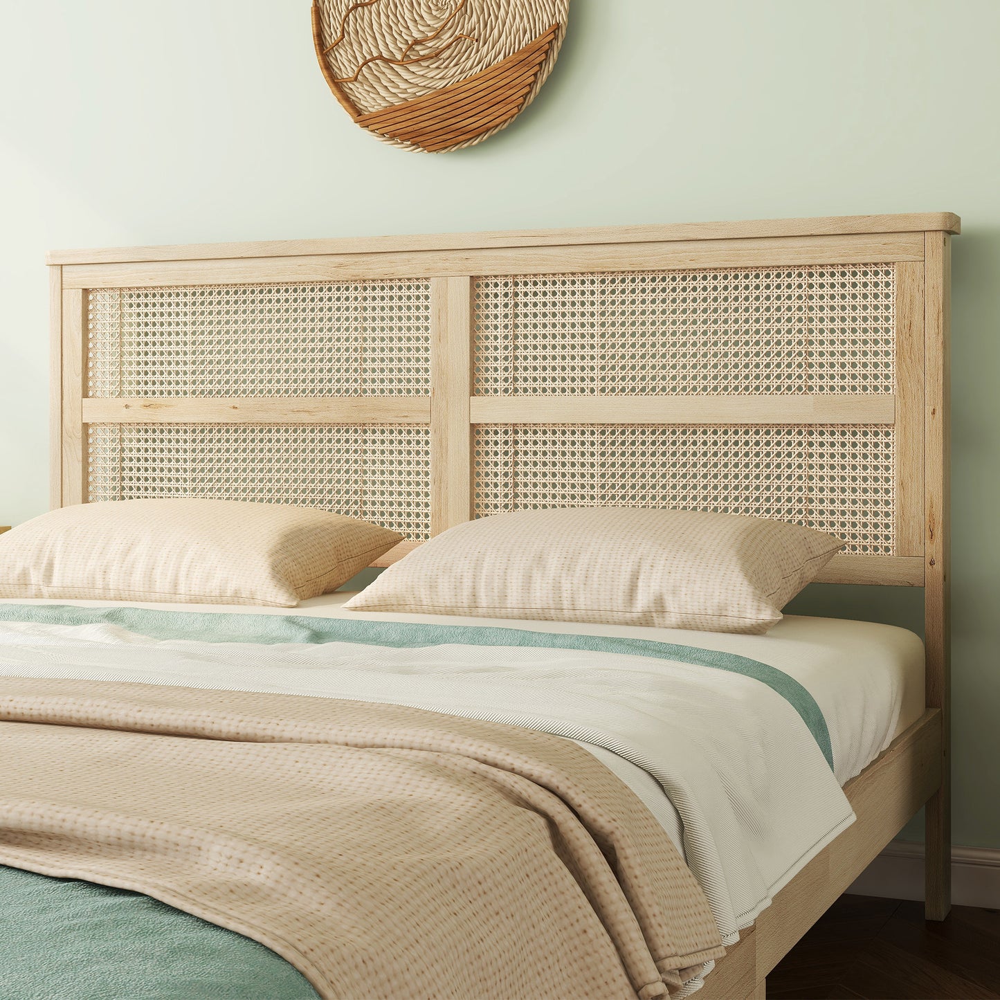 Queen Size Rubber Wooden, Solid Wooden Bed with Rattan Headboard, Enhanced by Support Feet,Oak White