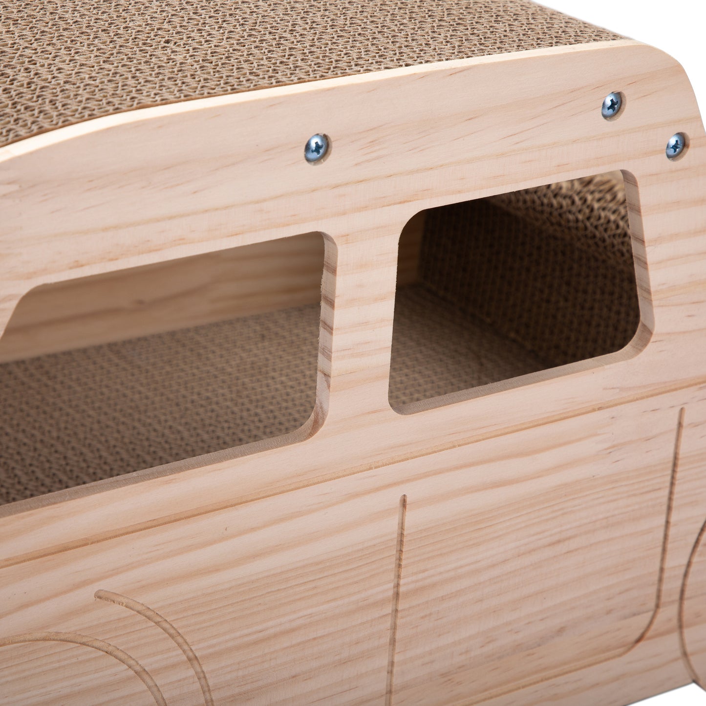 2-in-1 Wood Corrugate Cat Scratcher, Cardboard Cat House, Reversible Car-Shaped Scratch Furniture Protector